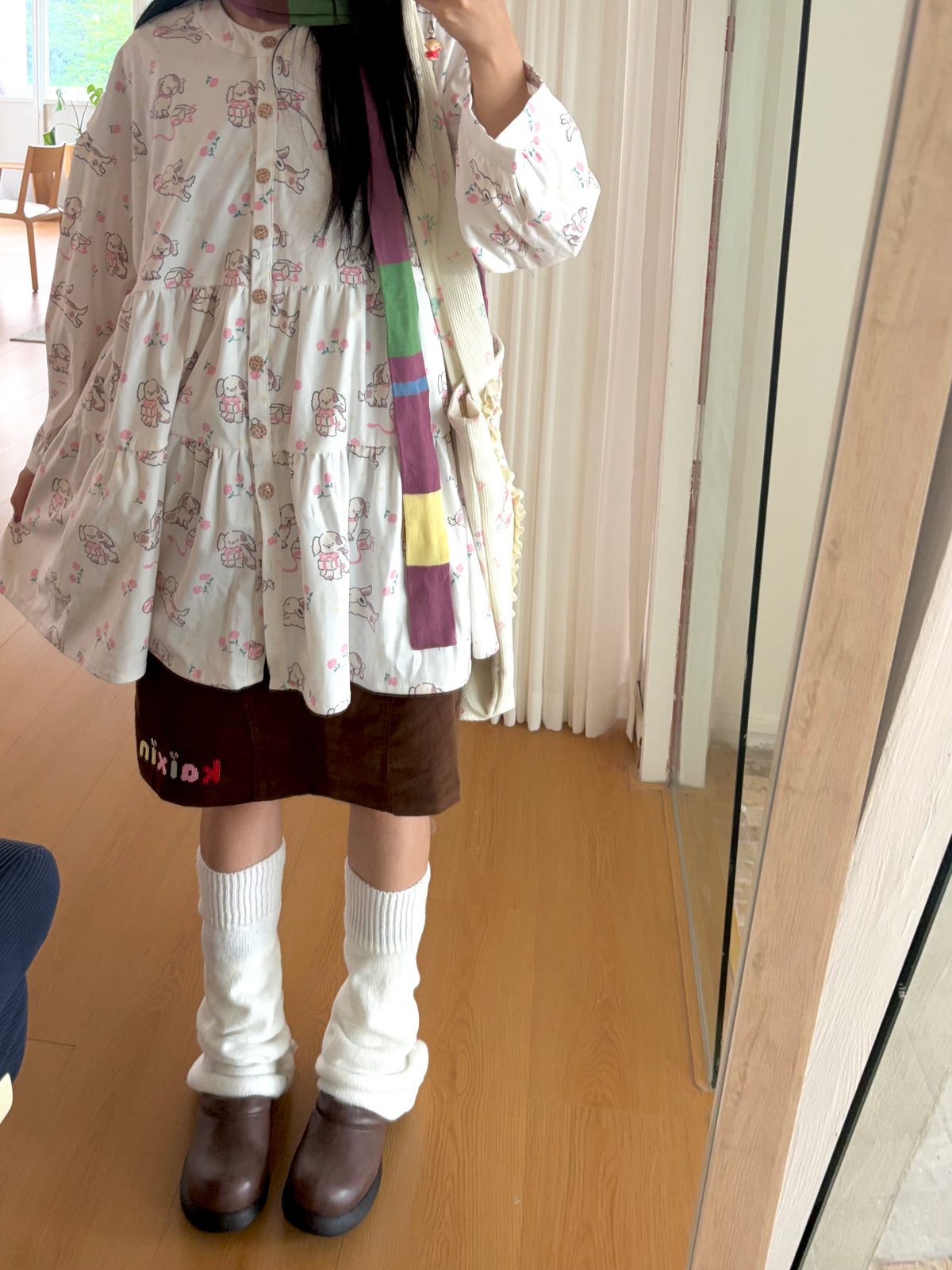 开心招待所秋冬新款原创小狗印花灯芯绒宽松长袖衬衫上衣 shirt KaiXin hostel
