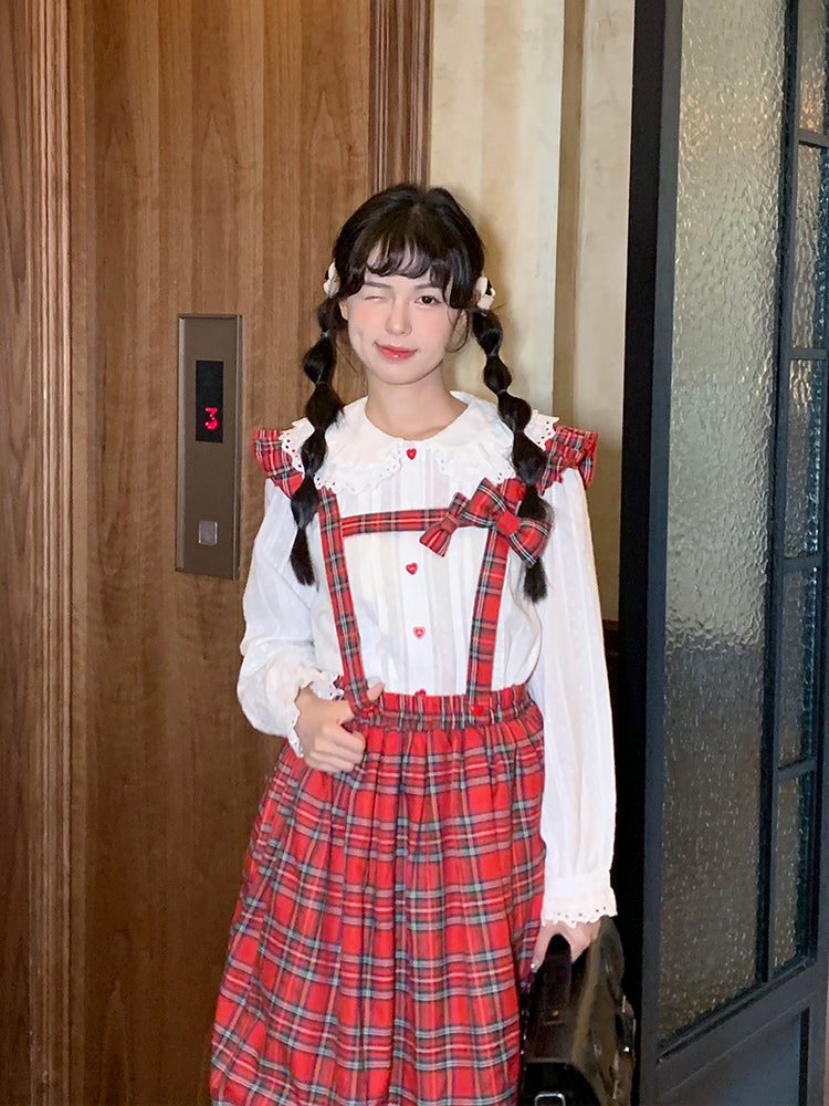 Mameya - Kawaii Red Plaid Bubble Skirt Adjustable Strap Mid-Length dress Mameya