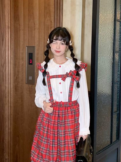 Mameya - Kawaii Red Plaid Bubble Skirt Adjustable Strap Mid-Length dress Mameya