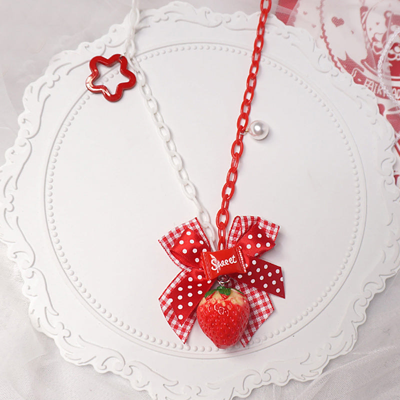 MaoJiang Strawberry Bow Necklace | Kawaii Long Pendant Chain necklace maojiang