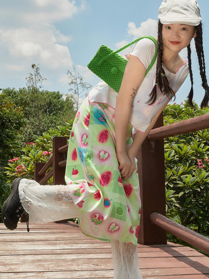 Harajuku Skirt Green A-line Skirt Hand-painted Skirt Midi Skirt skirt Moon Meadow