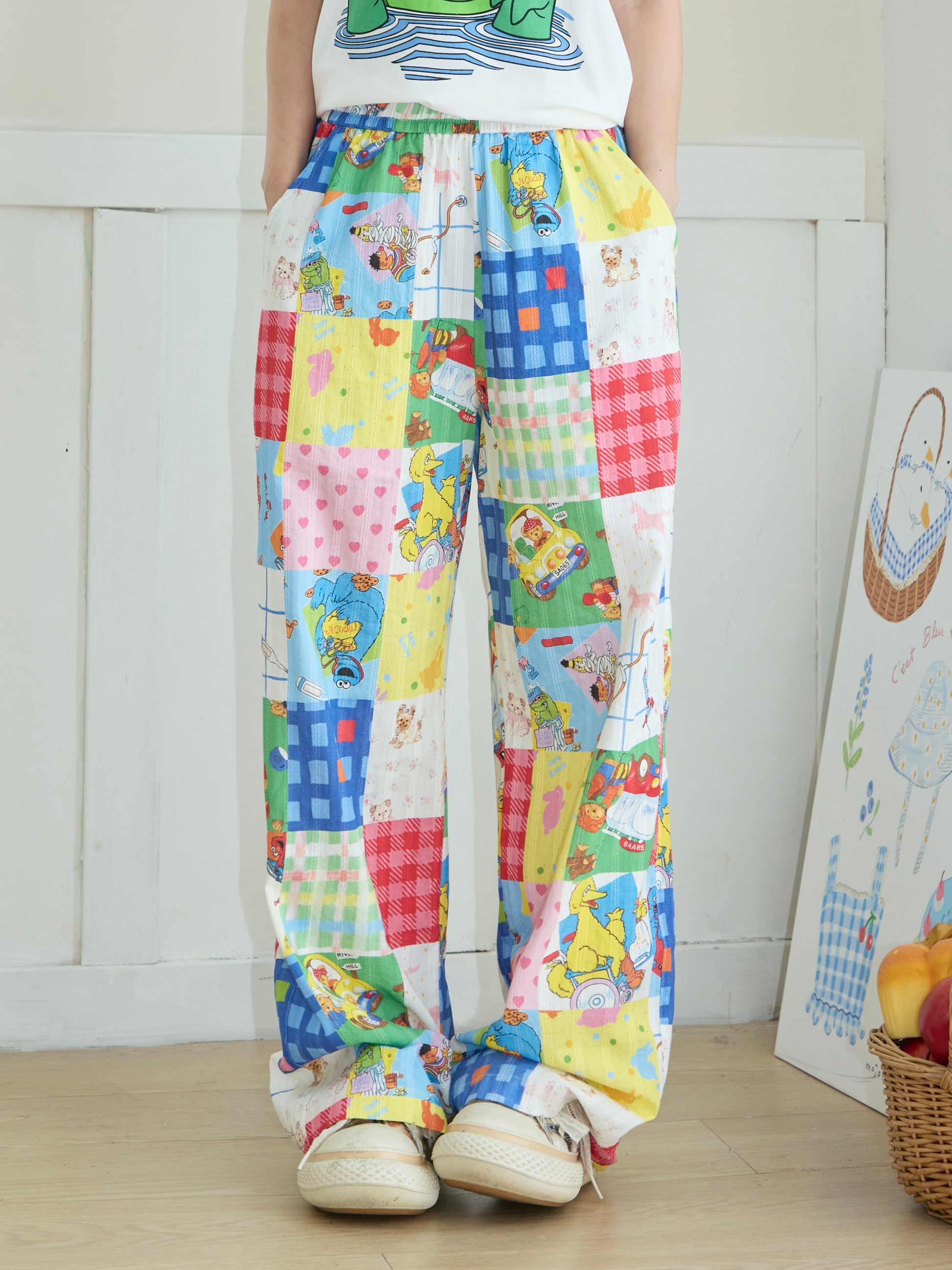 Robootoo - Kawaii Patchwork Cartoon Print Wide Leg Pants pants Robootoo