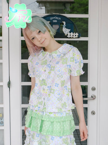 frufru Four-Leaf Clover Shirt | White Print Summer Shir blouse frufru