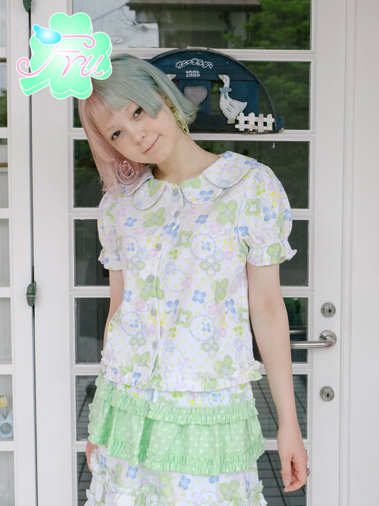 frufru Four-Leaf Clover Shirt | White Print Summer Shir