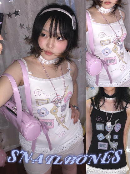 Snail Bones - Clock Print Bow Lace Cami Top camisole Snail Bones