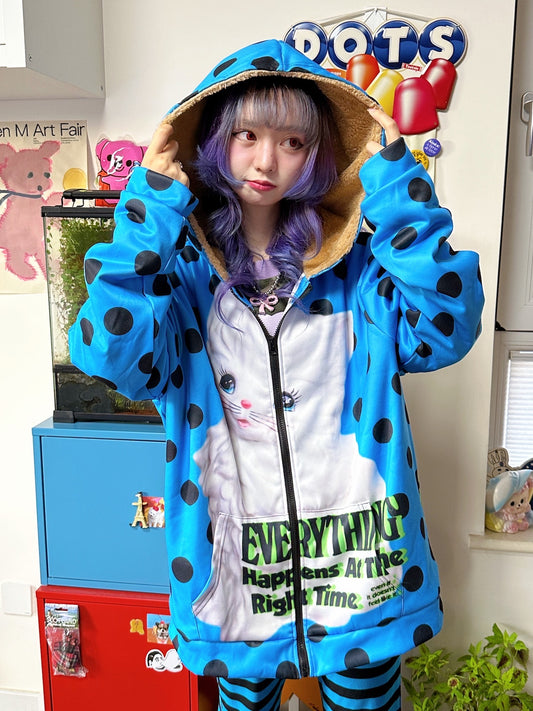 BunnyBunnyGun - Harajuku Polka Dot Oversized Fleece Zip Hoodie hoodie bunnybunnygun