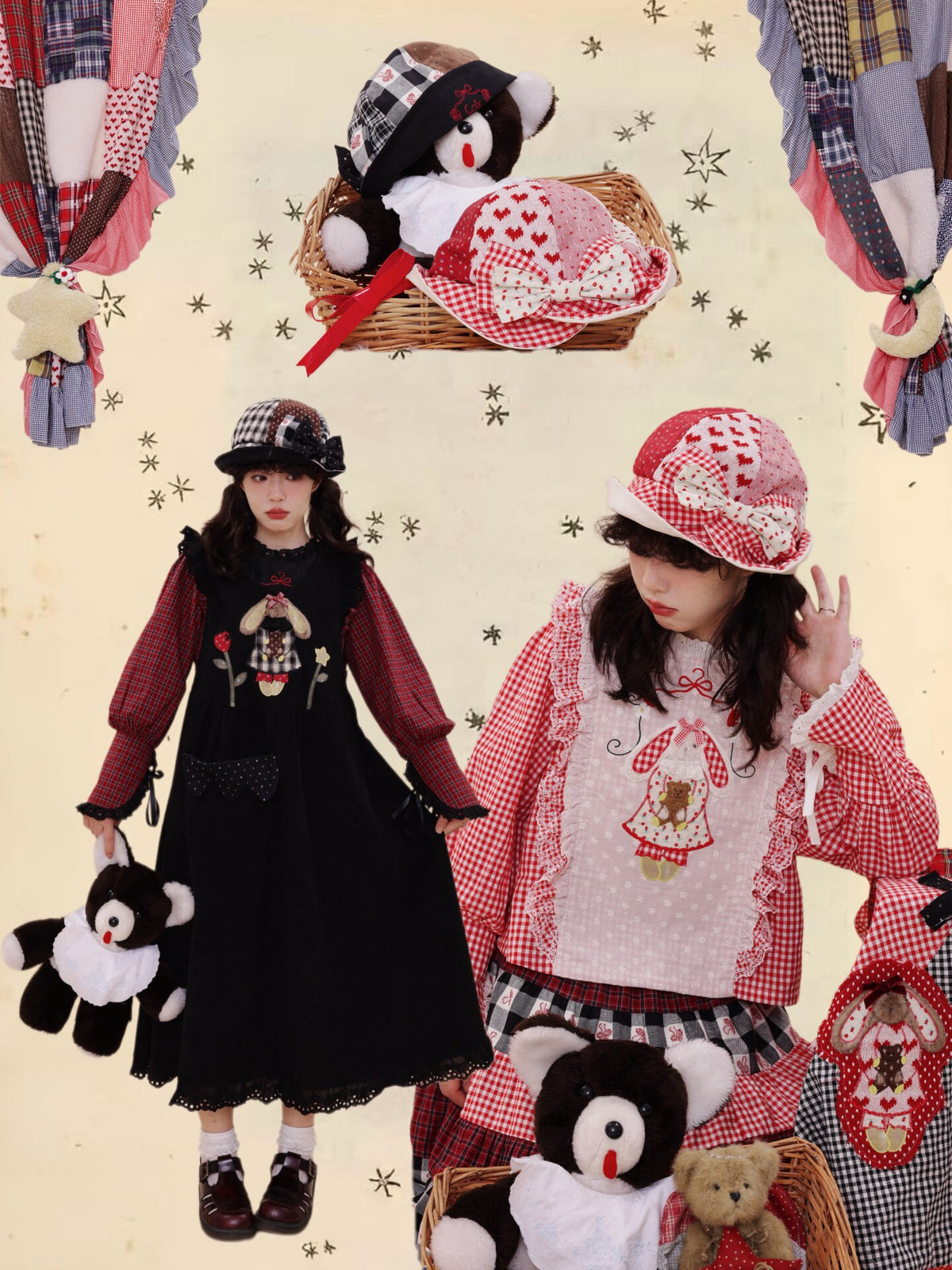 SemenCoicis - Vintage Plaid Floral Patchwork Bow Bucket Hat hat SemenCoicis