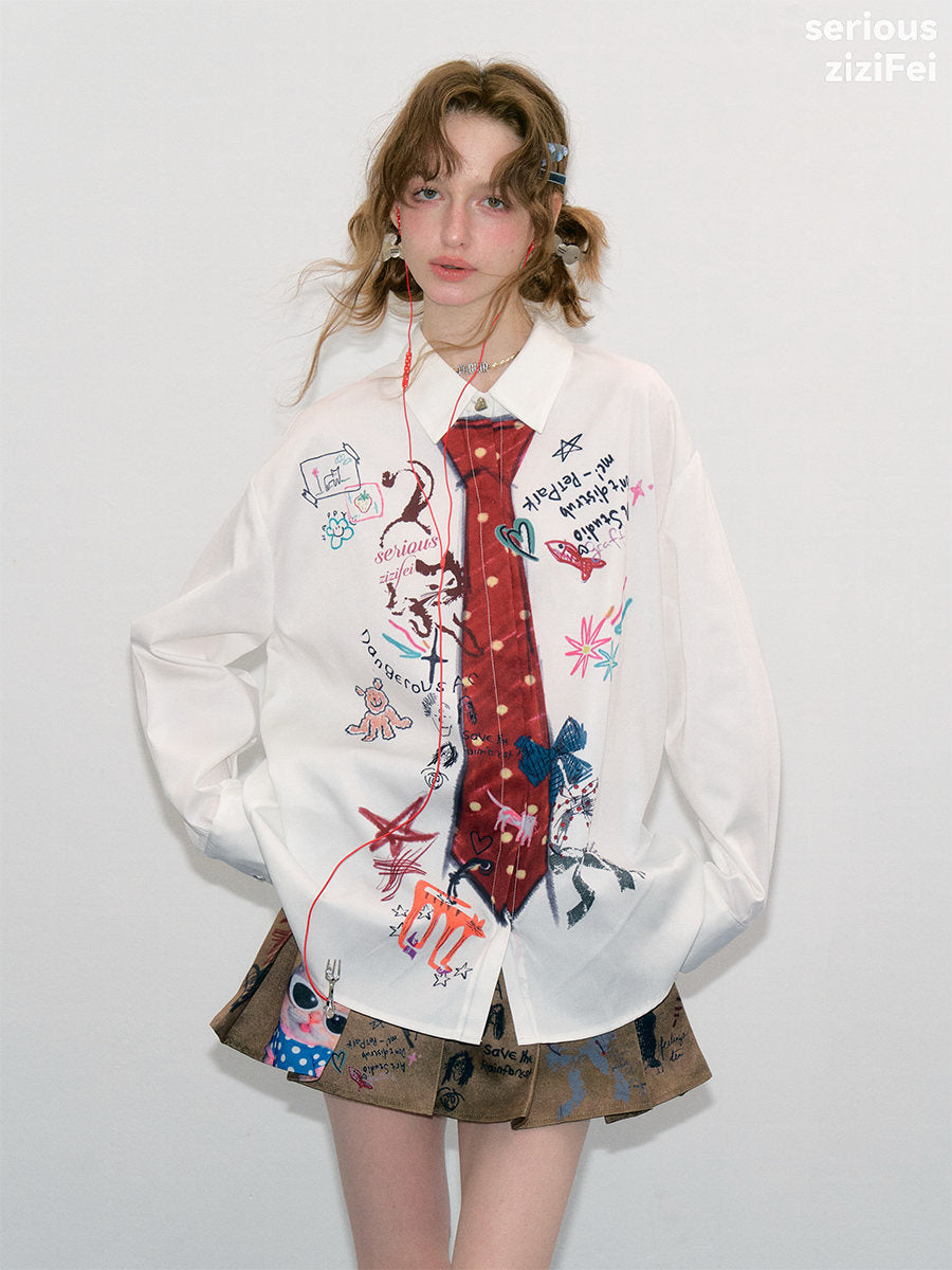 ziziFei - White Graffiti Tie Print Oversized Shirt shirt ziziFei