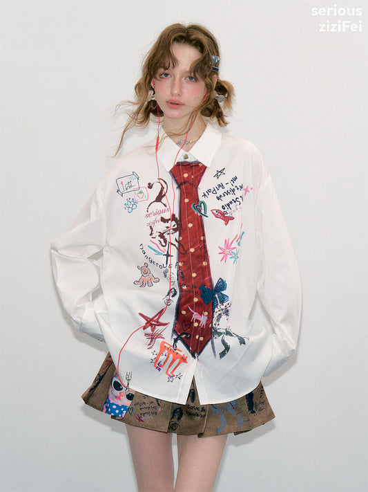 ziziFei - White Graffiti Tie Print Oversized Shirt shirt ziziFei