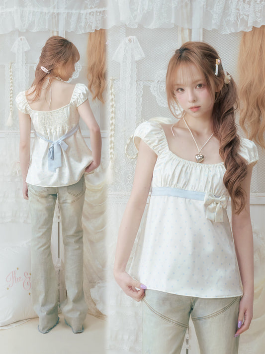 SOS SEAMSTRESS - White Blue Polka Puff Top shirt SOS SEAMSTRESS
