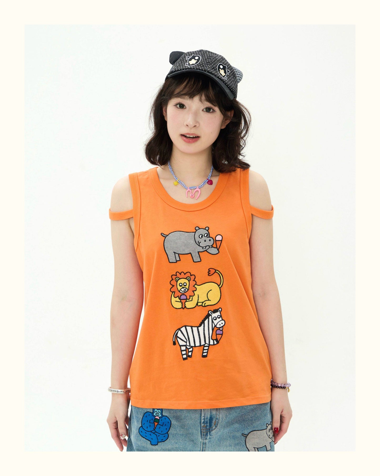 Robootoo - Orange Cartoon Embroidered Sleeveless Top tee Robootoo S