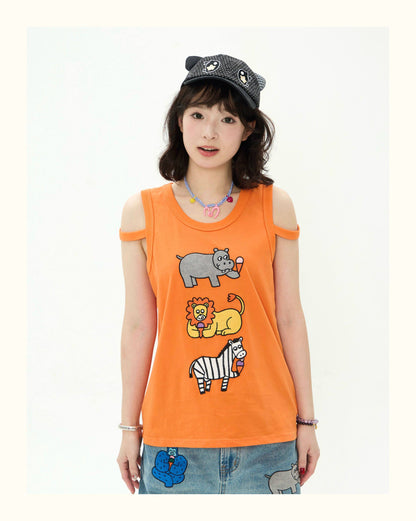 Robootoo - Orange Cartoon Embroidered Sleeveless Top tee Robootoo S