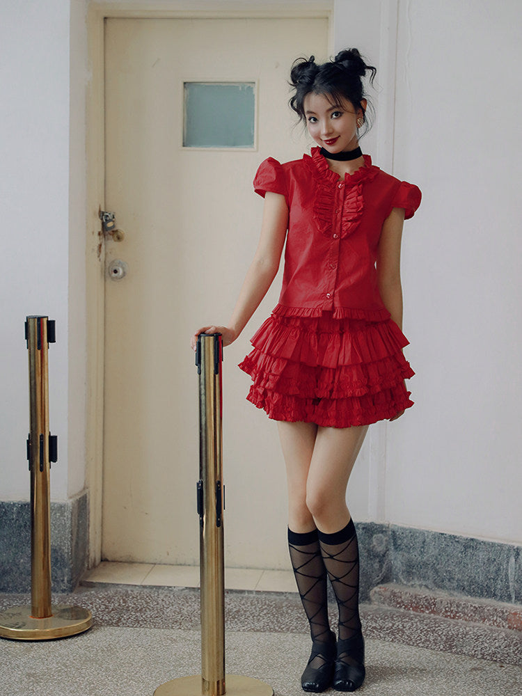 Nanjun Vintage – Red Ruffle Shirt Skirt Set set Nanjun Vintage