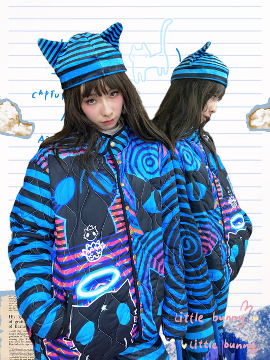 LEERROO - Y2K Subculture Striped Blue Puffer Jacket jacket Leerroo