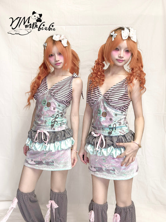 YJM with biubiu - Taro Cream Striped Tie-Up Vest Top camisole YJM with biubiu
