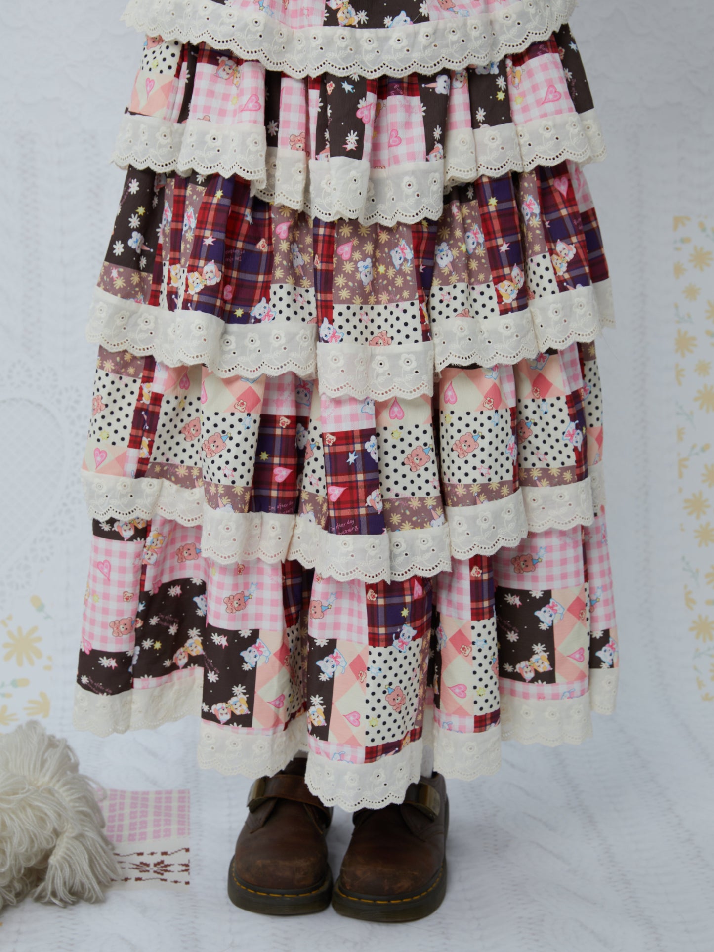 KaiXin hostel - Lace Print Tiered Skirt skirt KaiXin hostel