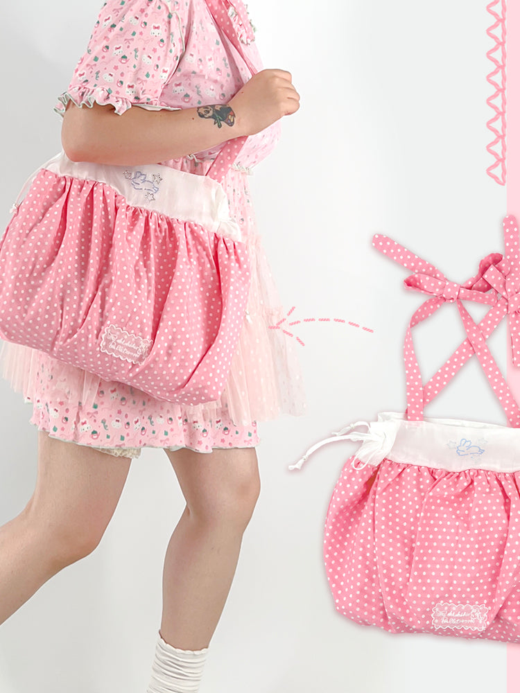 shishihshop – Kawaii Pink Polka Dot Drawstring Tote bag shishihshop