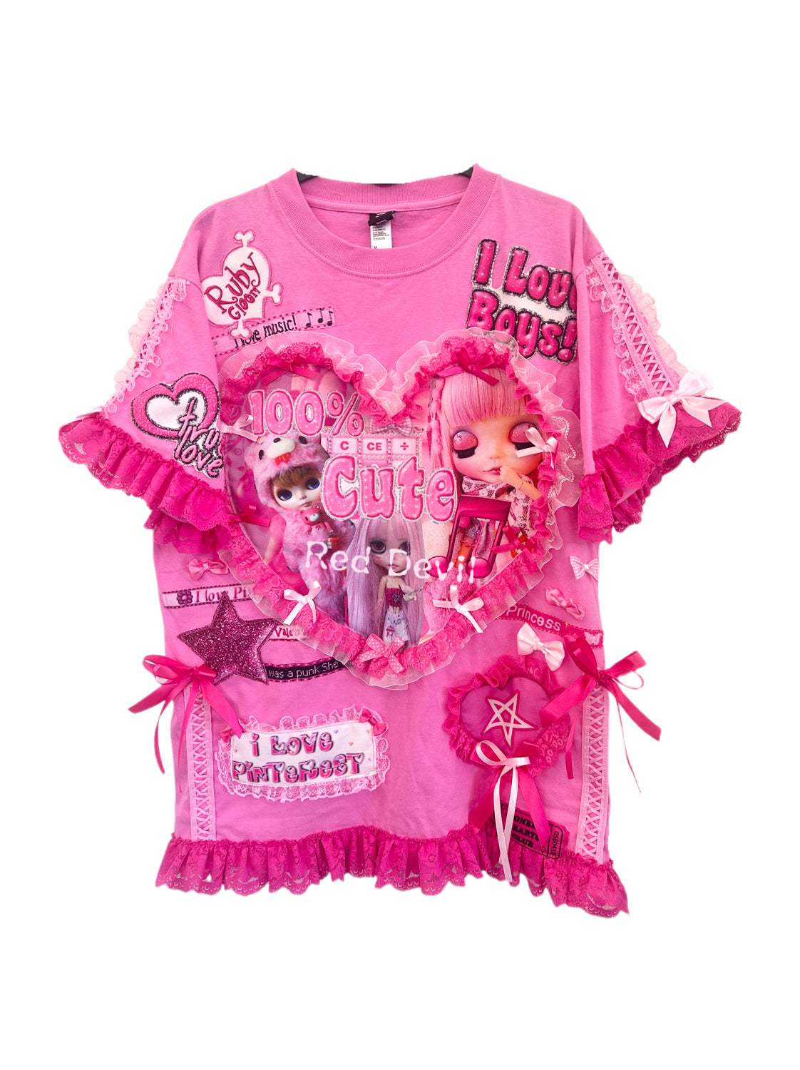 RedDevil Kawaii Puff Short Sleeve Top | Harajuku Decora Lace Heart Tee tshirt Red Devil