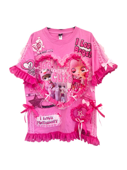 RedDevil Kawaii Puff Short Sleeve Top | Harajuku Decora Lace Heart Tee tshirt Red Devil