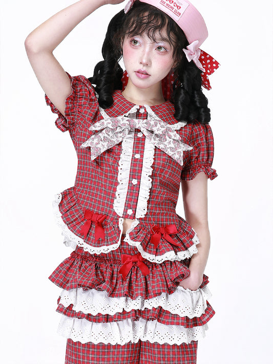 SOS MEME CLUB - Showa Red Plaid Short Sleeve Shirt blouse SOS MEME CLUB