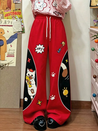 BIBULU - Red Cat Embroidered Wide-Leg Pants pants BIBULU
