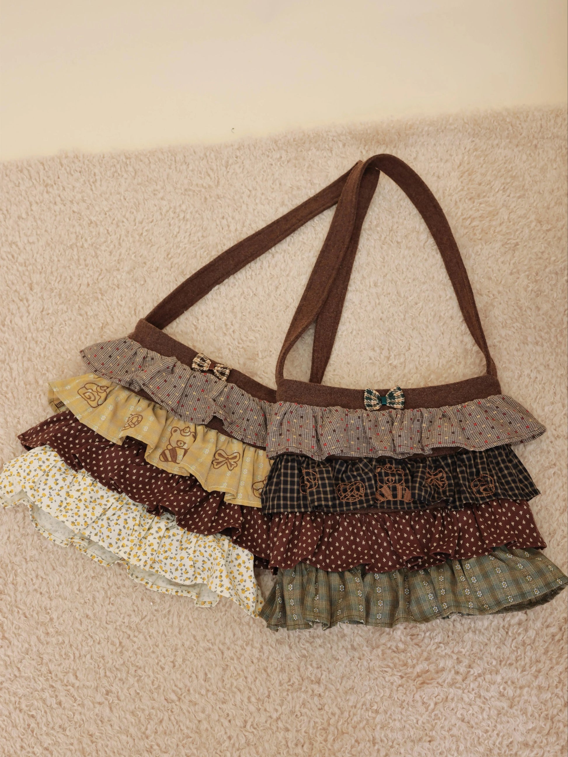 SemenCoicis - Kawaii Vintage Patchwork Plaid & Floral Wool Crossbody Bag bag SemenCoicis