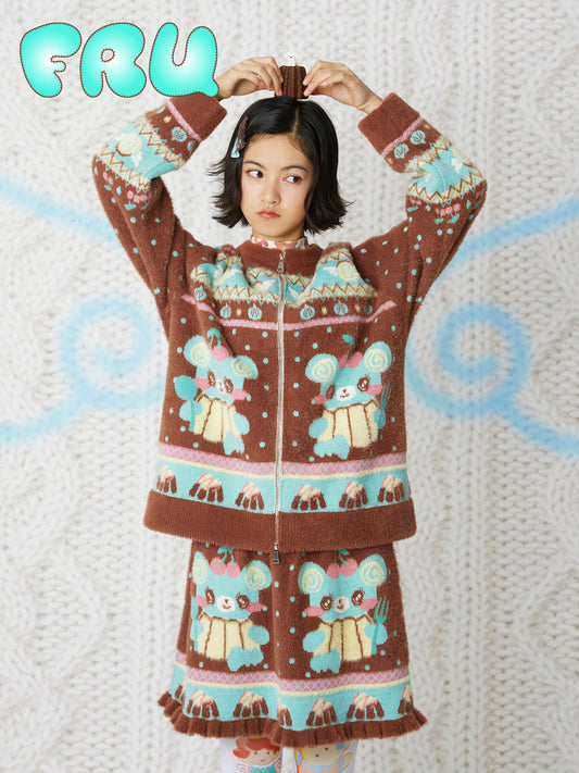 frufru - Kawaii Chocolate Bear Knit Cardigan & Skirt Set set frufru