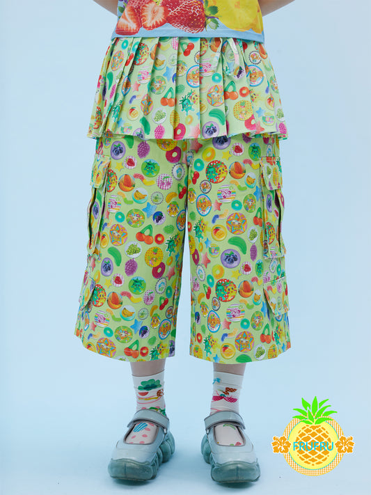 Frufru Vintage Badge Print Pleated Overlay Culottes | Two-Piece Look Shorts Skirt pants frufru