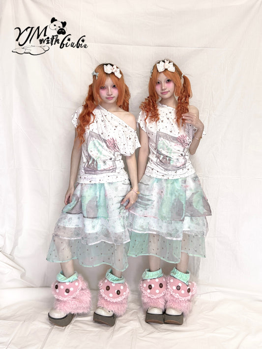 YJM with biubiu - Kawaii Layered Tulle Skirt Mint Smoke skirt YJM with biubiu