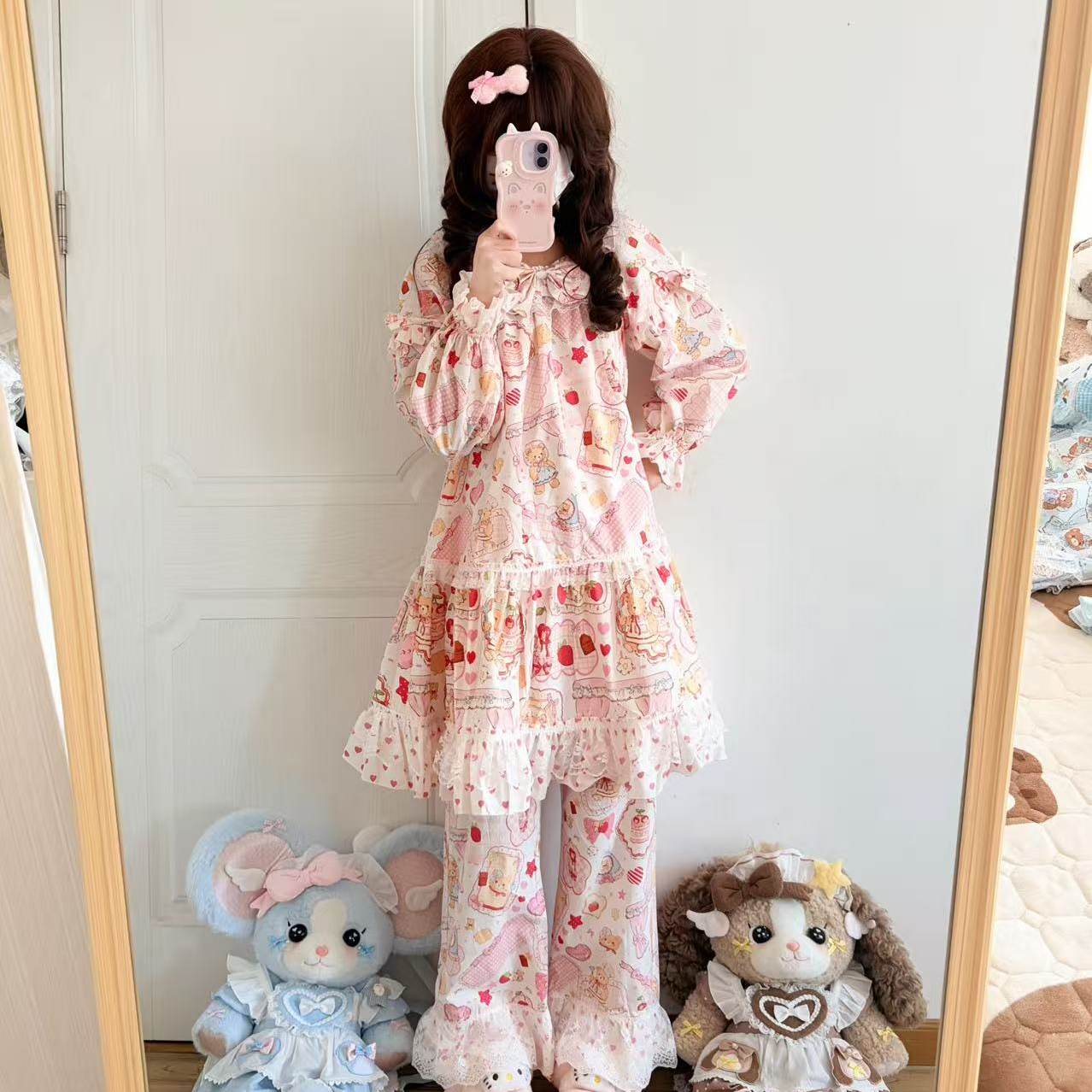 Sweet Dream Bear - Pink Cotton Sleep Dress Set pajama A Cat