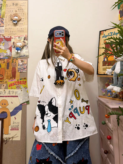 BIBULU - Kawaii Puppy Embroidered Oversized Short Sleeve Shirt