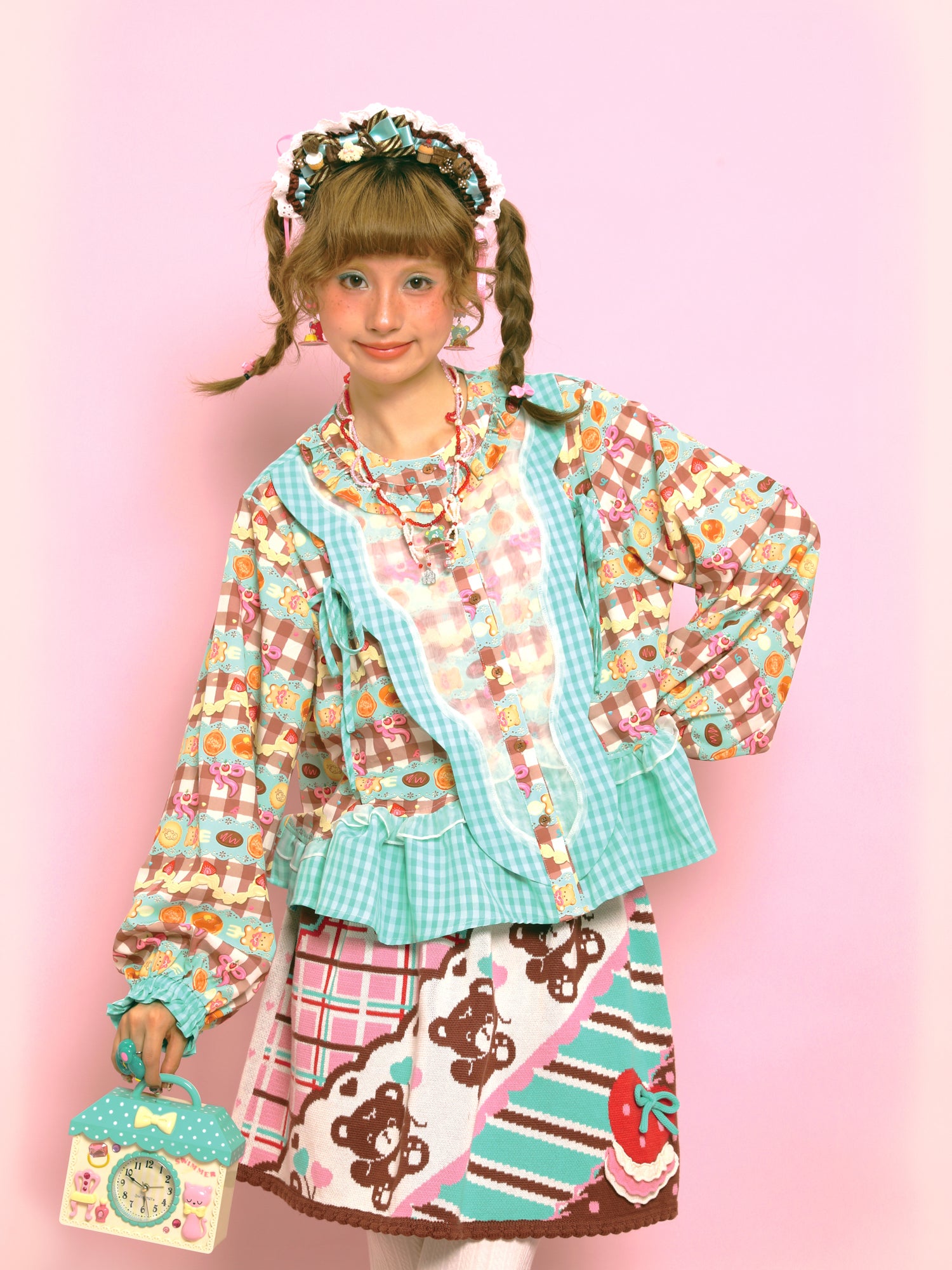 Lutra Jump - Kawaii Blouse Plaid Print Lace Ribbon Detail blouse Lutra Jump