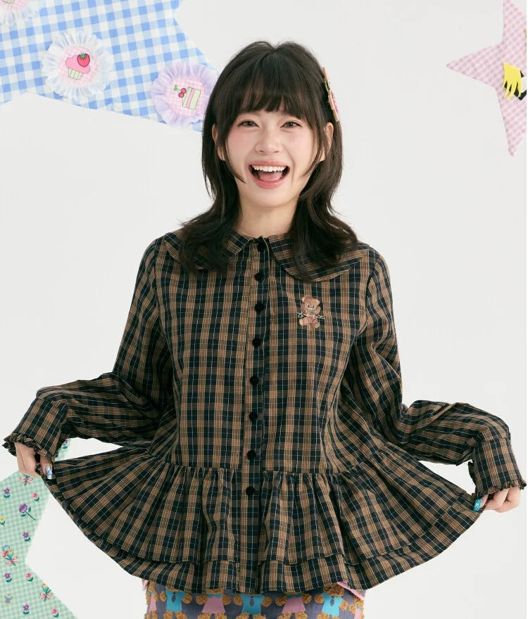 tntntutu - Brown Plaid Embroidered Peter Pan Collar Shirt shirt tntntutu