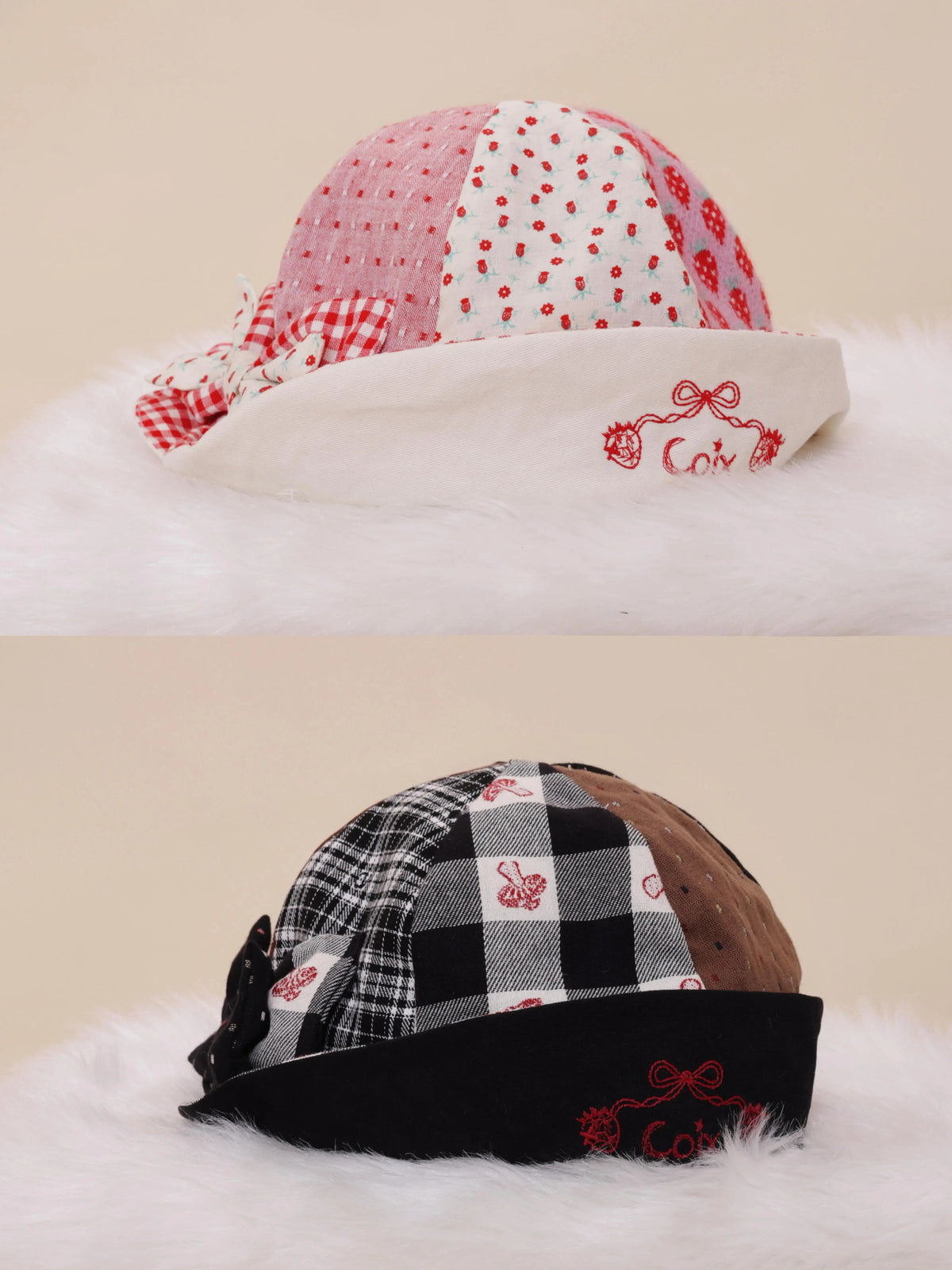 SemenCoicis - Vintage Plaid Floral Patchwork Bow Bucket Hat hat SemenCoicis Black