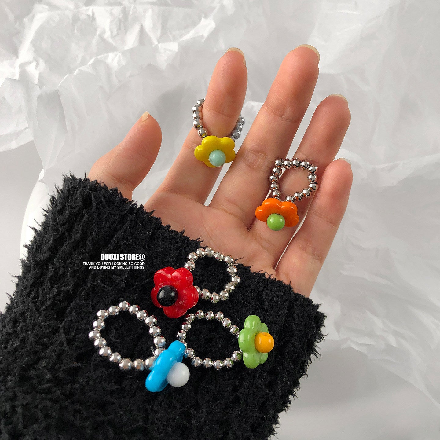 DuoXi - Color Flower Bead Stretch Ring ring DuoXi