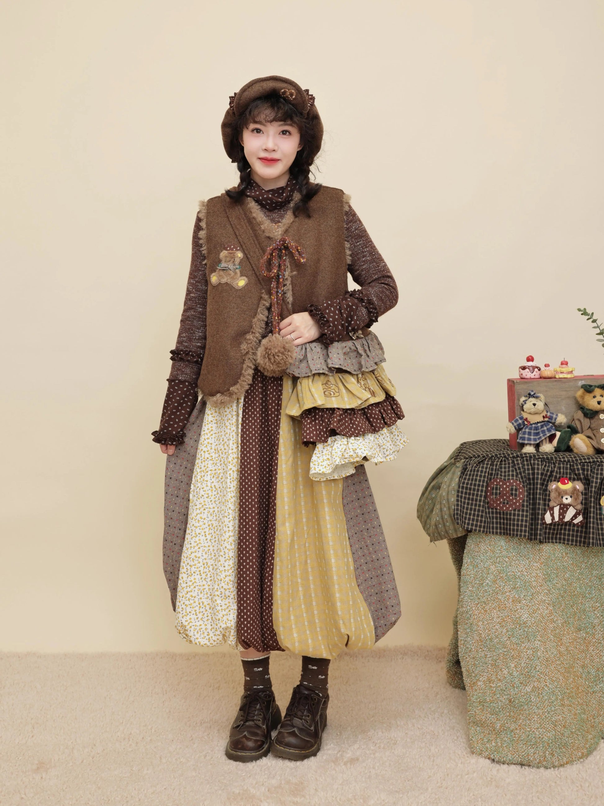 SemenCoicis - Kawaii Vintage Mustard Brown Patchwork Floral Puff Skirt skirt SemenCoicis