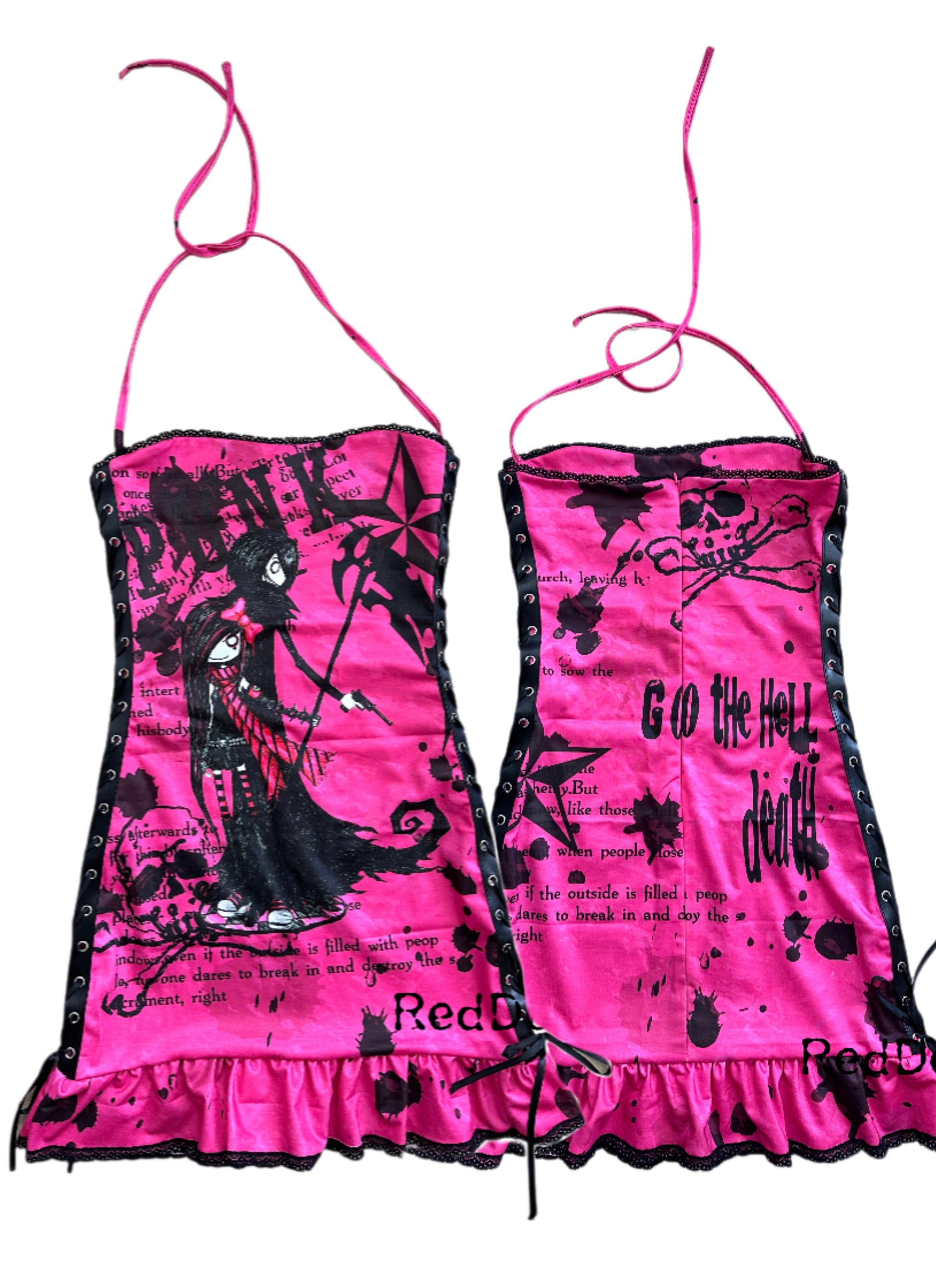 Red Devil Dress Y2K Shibuya Gal Graffiti Bodycon Halter Dress M Red Devil Dress Y2K Shibuya Gal Graffiti Bodycon Halter Dress M