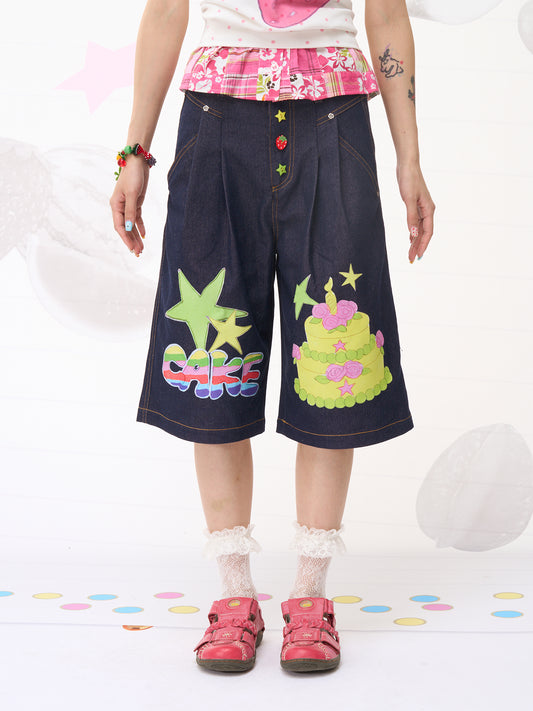 FRUITS Fun Cake Star Print Pants | Wide-Leg Denim Shorts pants Fruits