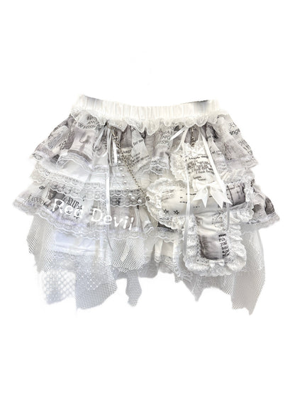 RedDevil - White Lace Asymmetrical Mesh Tiered Skirt skirt Red Devil Skirt And Detachable Cross
