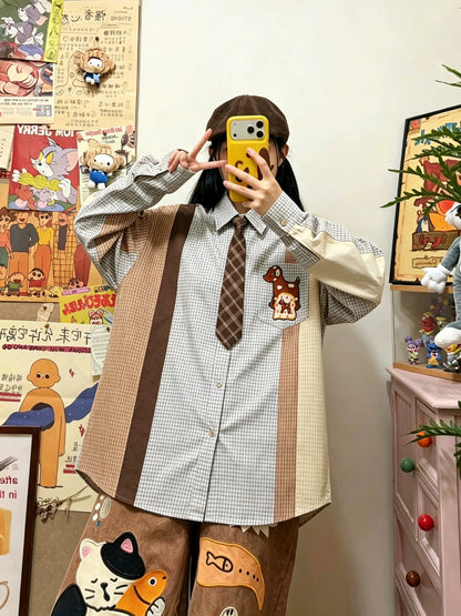 BIBULU - Kidcore Patchwork Plaid Embroidered Shirt shirt BIBULU