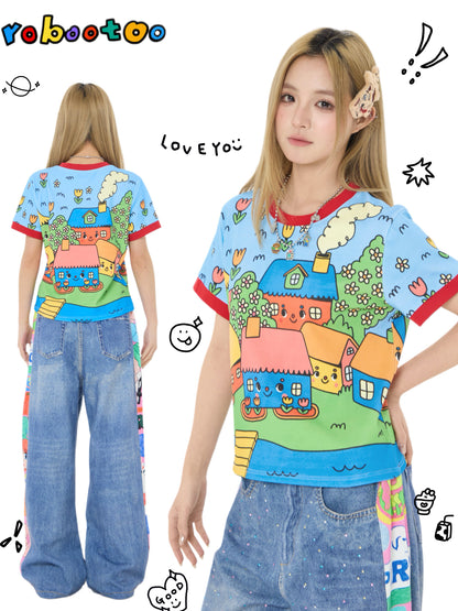 Robootoo - Blue Cartoon Town Print T-Shirt tshirt Robootoo