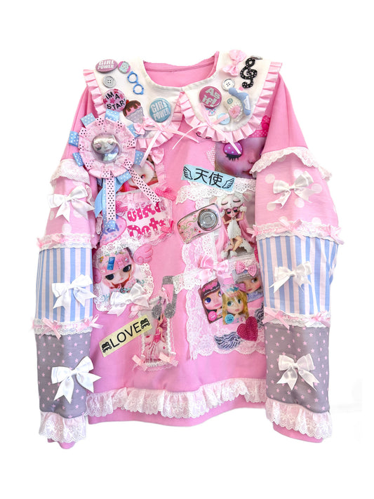 Red Devil - Cute Pink Patch Doll Collar Sweatshirt sweatshirt Red Devil Sweatshirt Only S