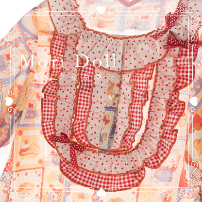 Mori Doll - Cat Print Plaid Cotton Blouse shirt Mori Doll