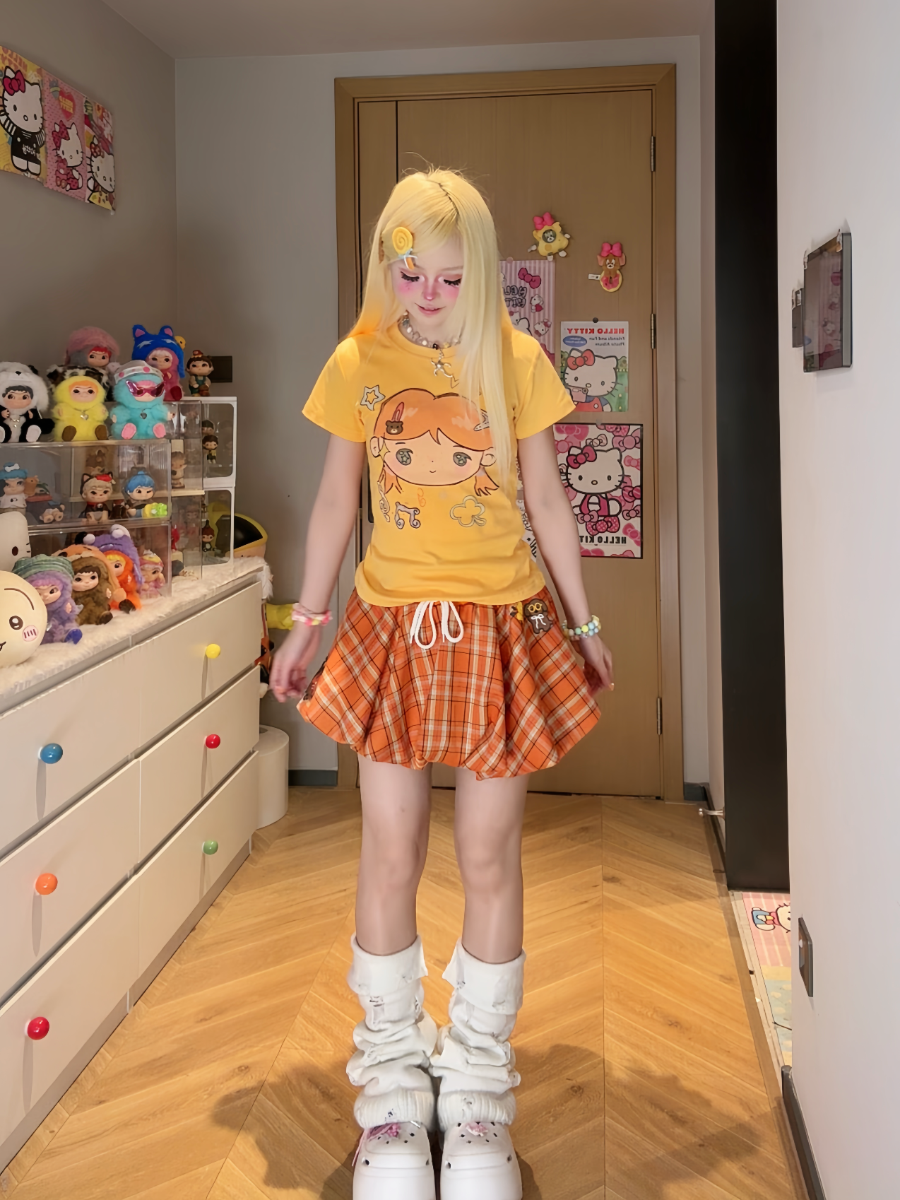Cute Lin Plaid Bubble Skirt | Kawaii High-Waist Mini Skirt skirt cute lin