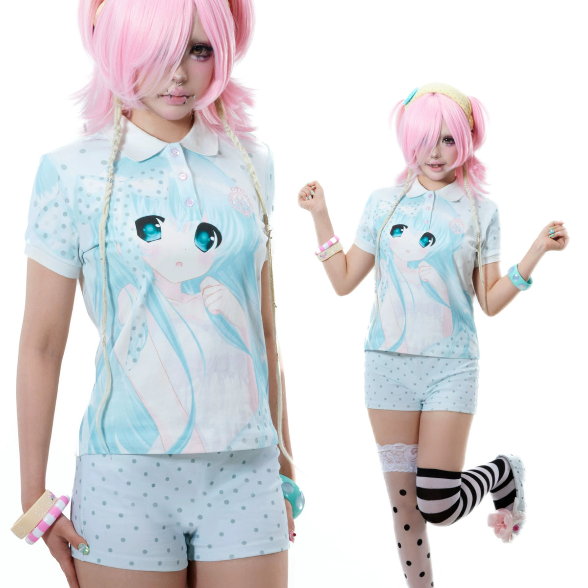 SelfishGhost - Blue Polo & Polka Dot Shorts Set set SelfishGhost