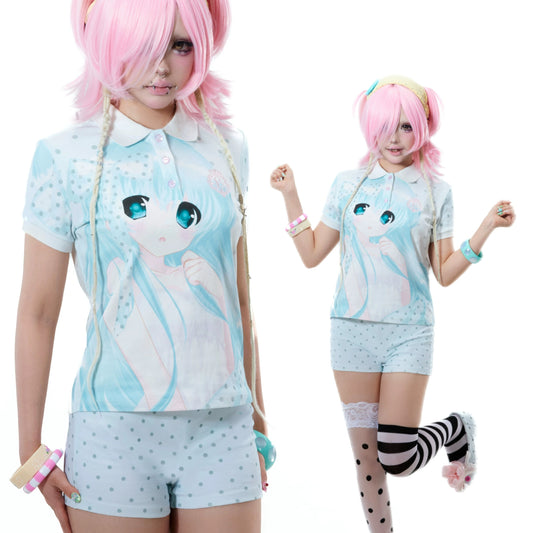 SelfishGhost - Blue Polo & Polka Dot Shorts Set set SelfishGhost
