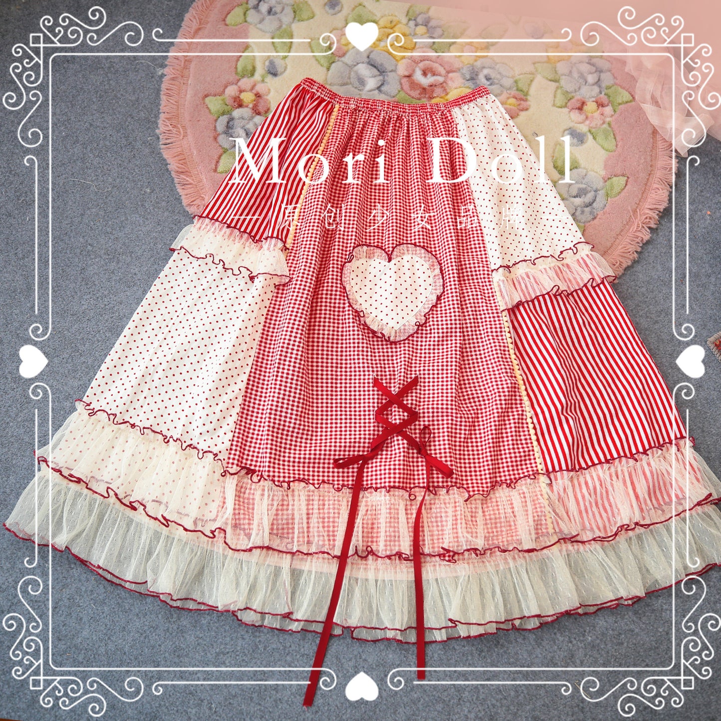 Mori Doll – Heart Patchwork Midi Skirt skirt Mori Doll Red S