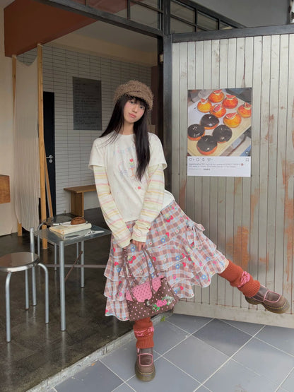 KaiXin hostel - Floral Stripe Layered Long Sleeve T-Shirt shirt KaiXin hostel