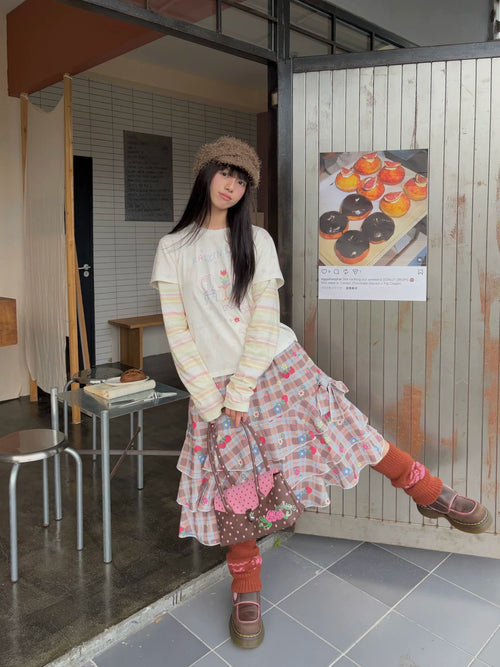 KaiXin hostel - Floral Stripe Layered Long Sleeve T-Shirt shirt KaiXin hostel