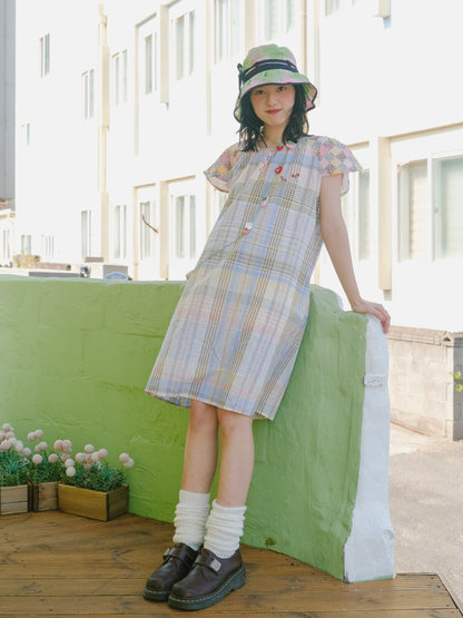 KaiXin Hostel Summer Patchwork Plaid Floral Embroidery Fly Sleeve Loose Dress